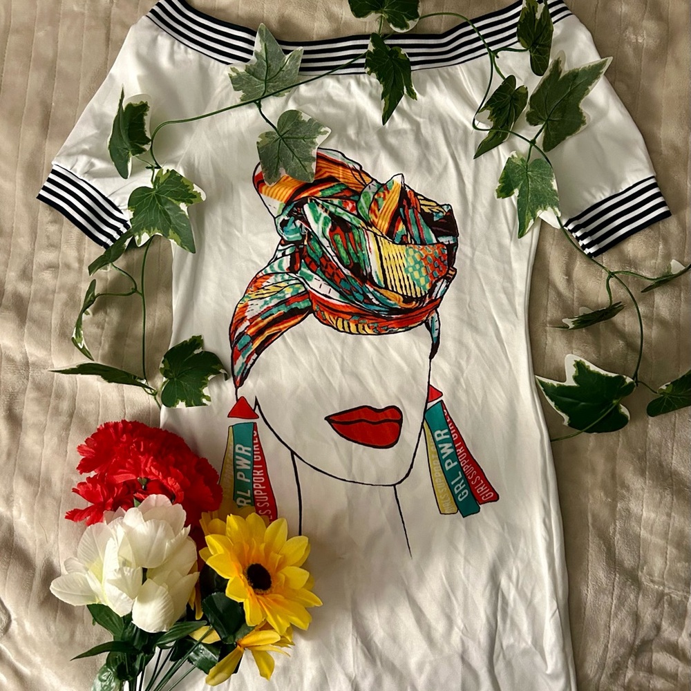 Off The Shoulder White Midi Dress With Woman Graphic
